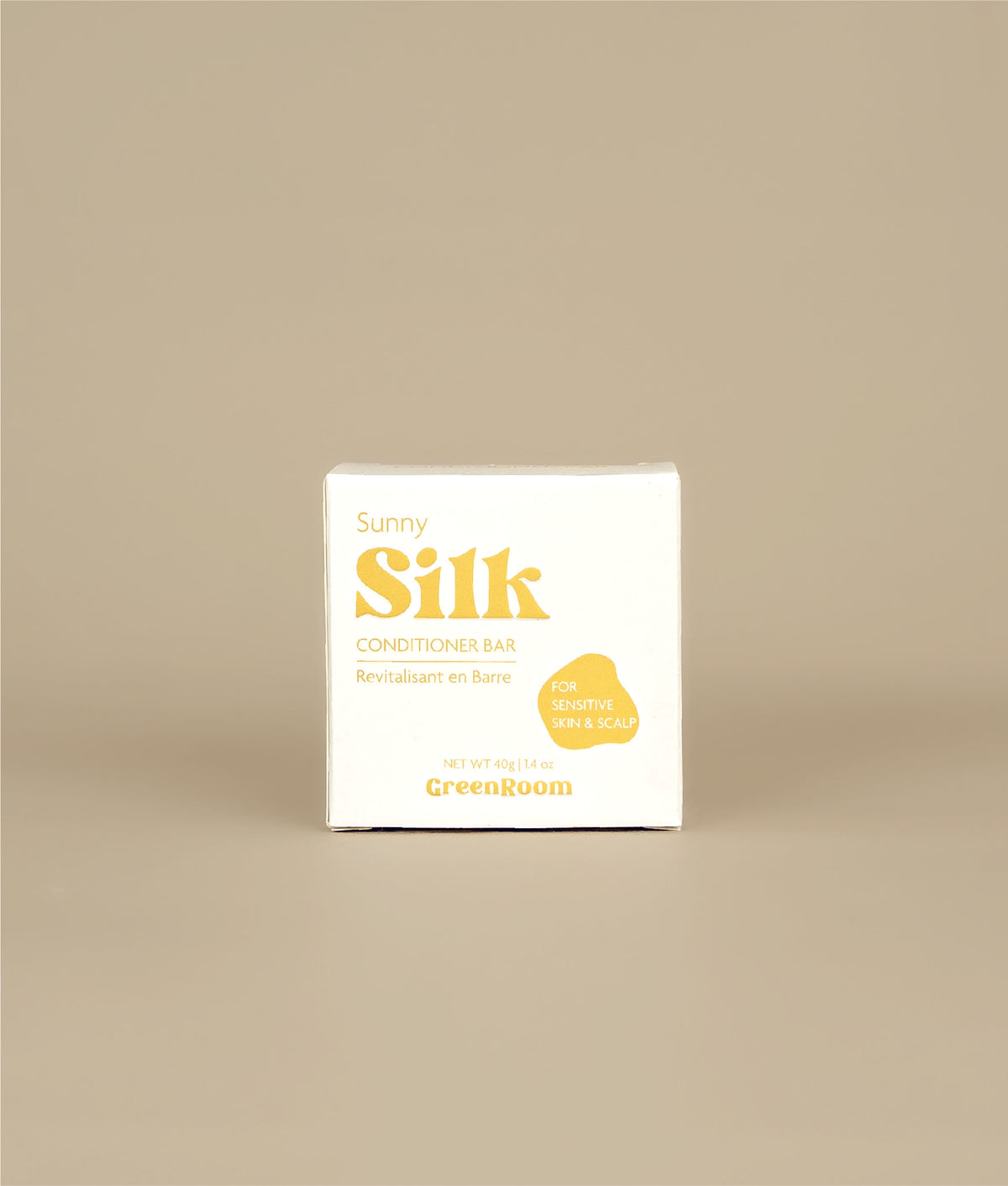 White with yellow writing small square sunny silk conditioner bar packaging