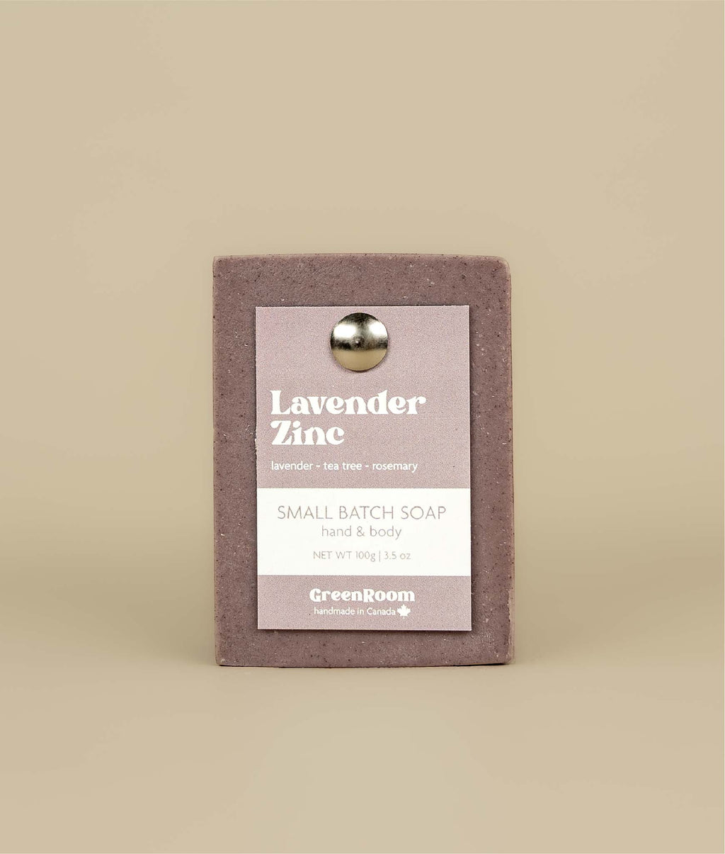 Lavender zinc soap with recycled paper tag held up by mental push pin 