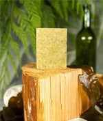 Seaweed and cedar soap sitting on a block of cedar wood with sea weed draped beside it and a glass bottle, shell and cedar branches in the back ground