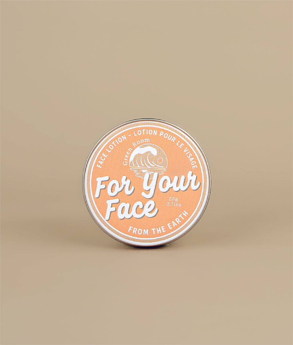 Face lotion tin on its side showing label