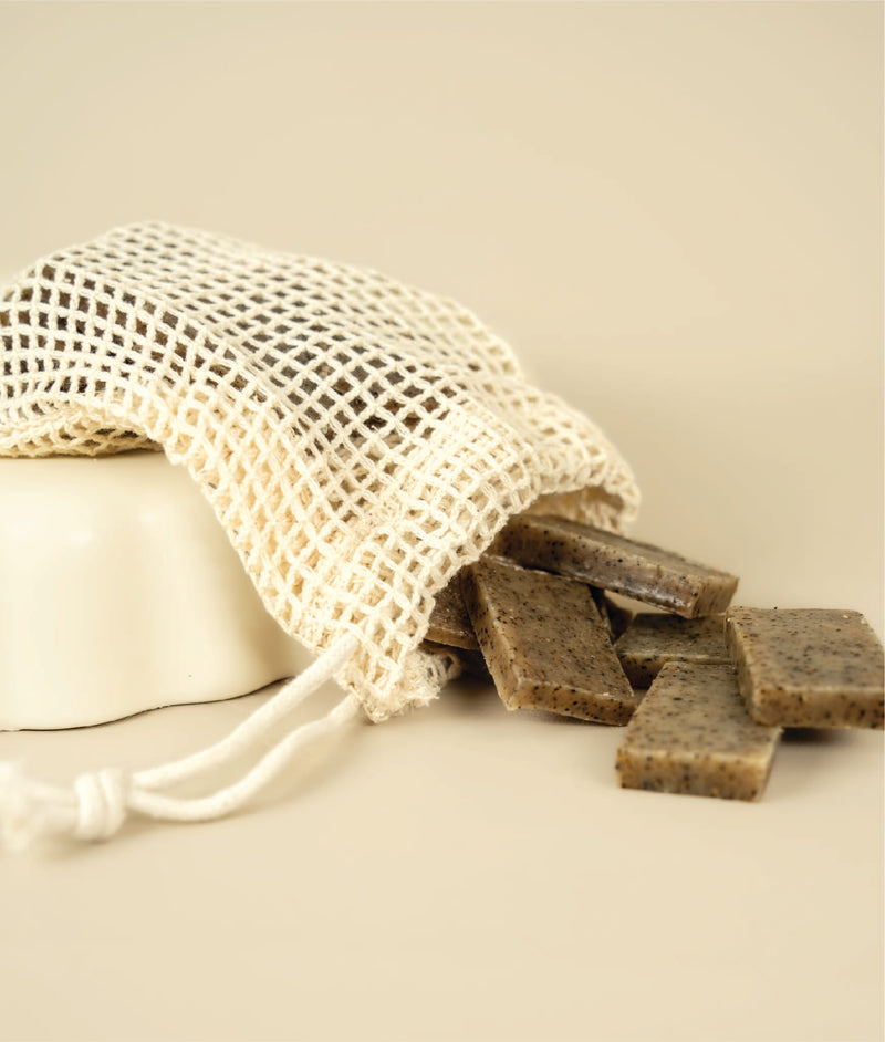 Meshed soap saver bag dumping dumping small cut offs of oat milk latte soap